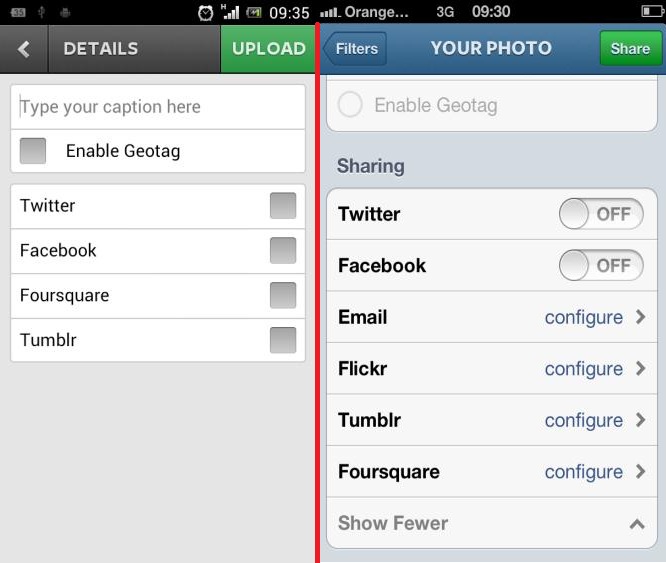 Instagram comparison for Android and iOS sharing menu
