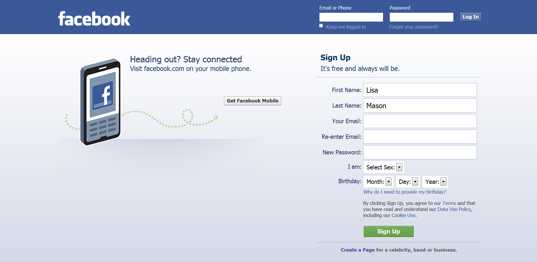 Facebook Sign Up Page