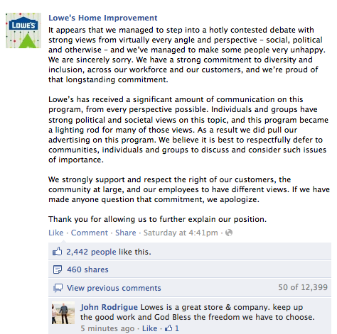 Lowes Response to Muslim Ad Pull