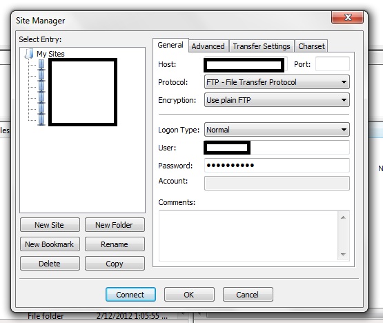 FTP FileZilla Site Manager